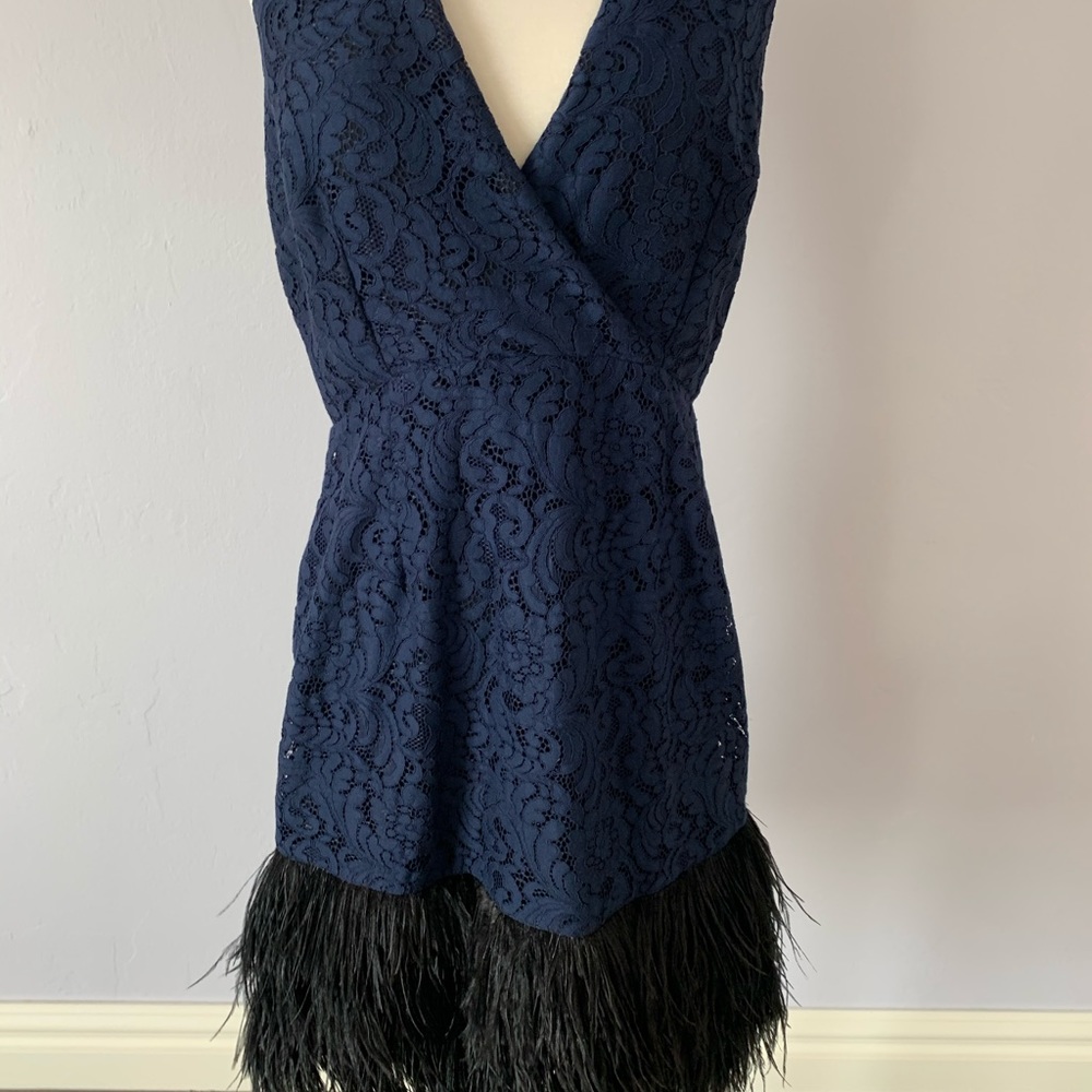 Marchesa Voyage Navy Feather Cocktail Dress